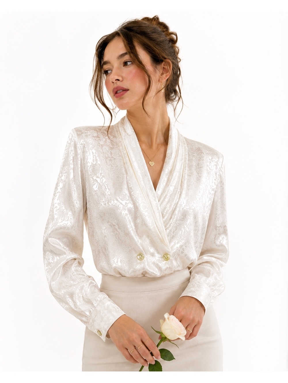 Vintage Bethany 100% Silk Ivory Floral Jacquard Draped Blouse M